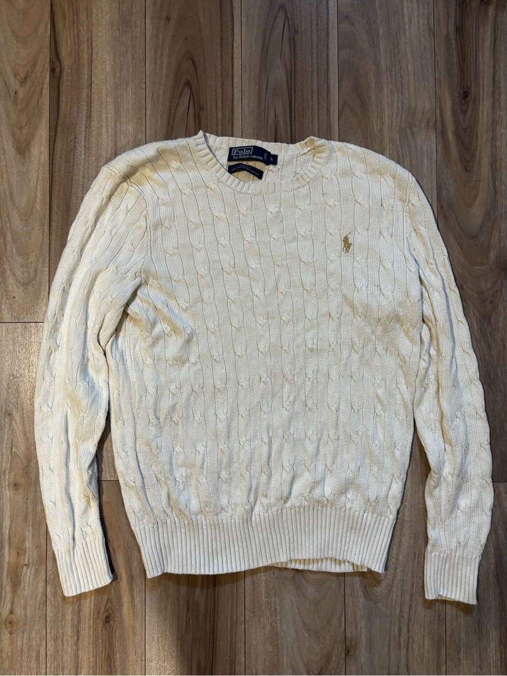 Vintage Large Ralph Lauren Cream 100% Silk Cable-Knit Crewneck Sweater
